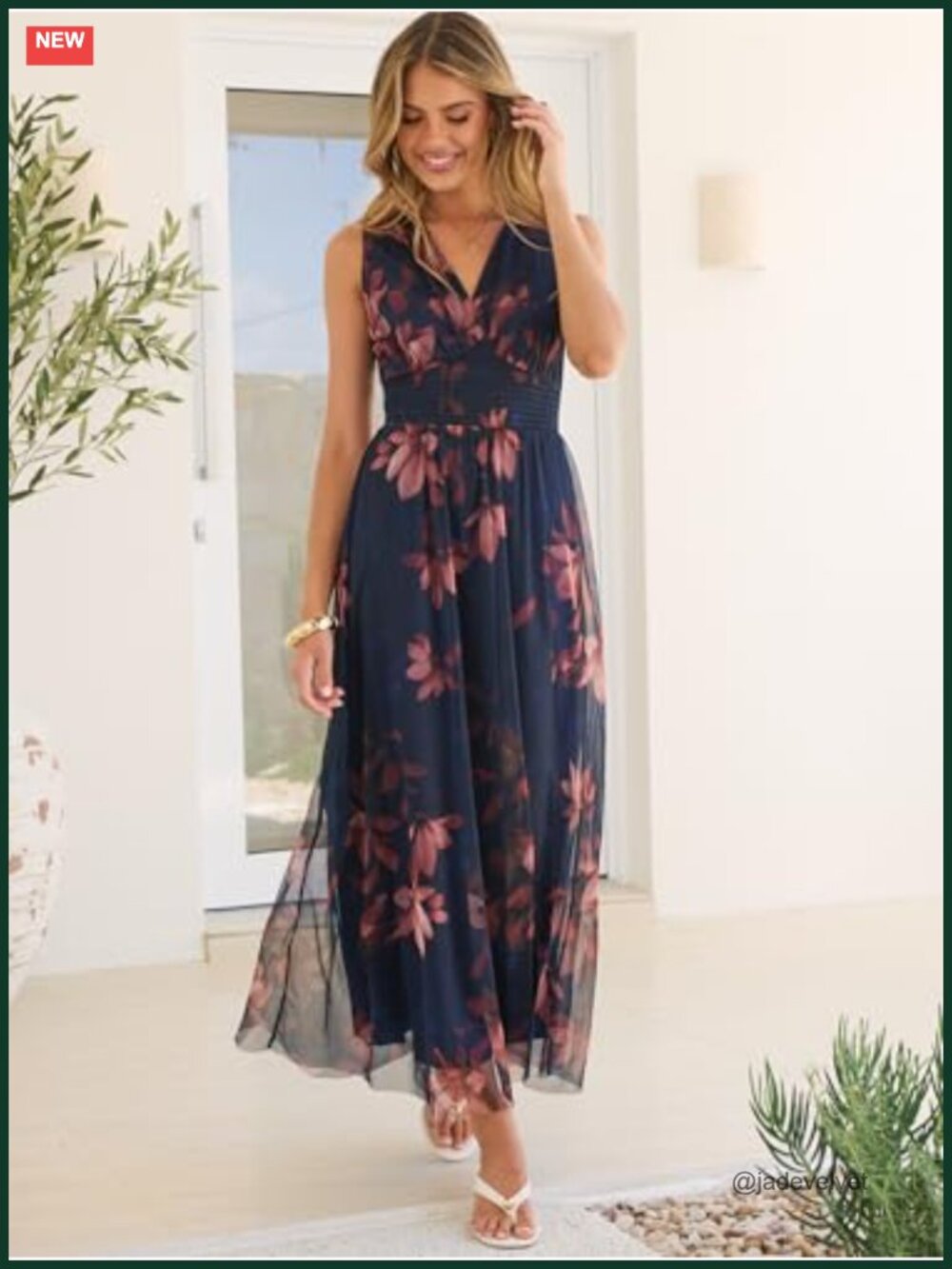 Sleeveless V Neck A-Line Maxi Dress with Elastic Waist, Floral Tulle, Flowy - Picture 4 of 6